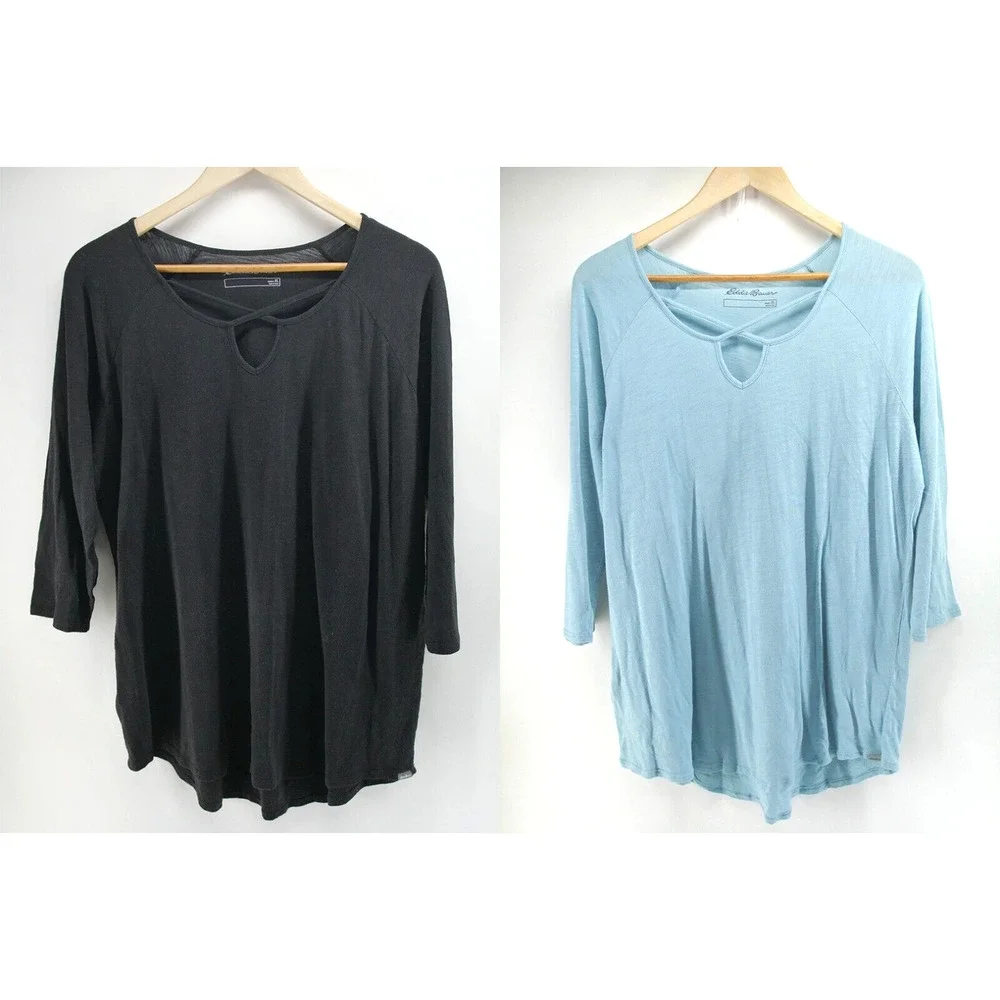 2 Eddie Bauer Modal Tunic Top Crisscross Front 3/4 Sleeve Cotton Black Blue XL - Picture 1 of 13